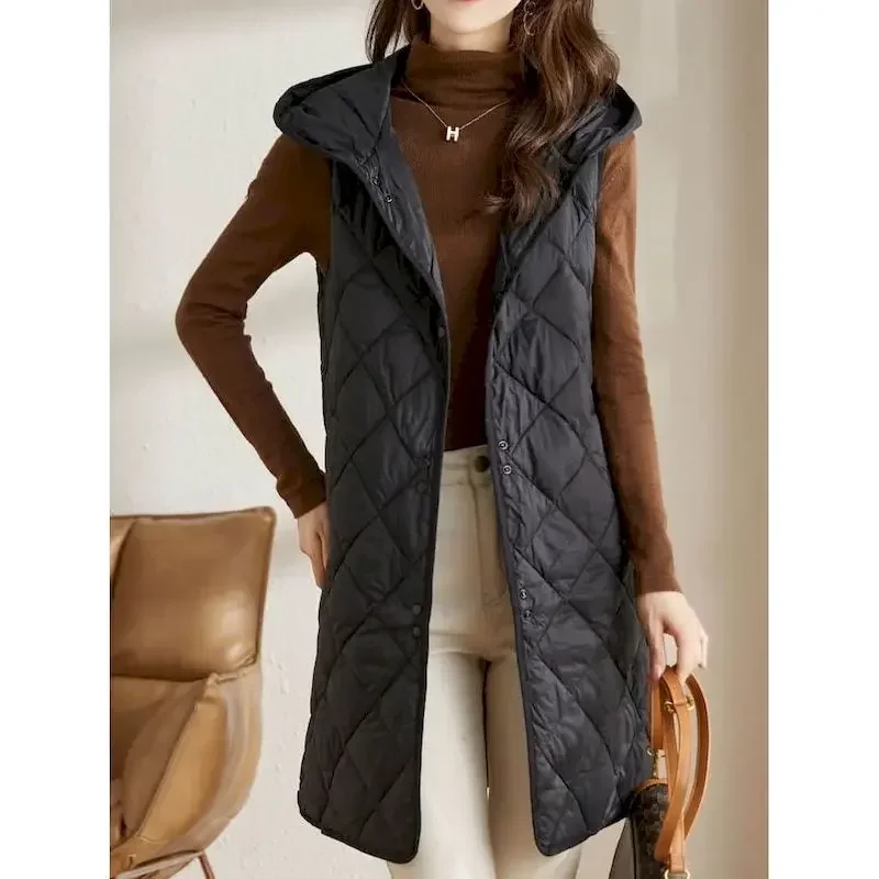 Waistcoats for Women Hooded Vests Casual Lightweight Cotton Added Sleeveless Cardigans Women Loose Mid Length Quilted Jackets