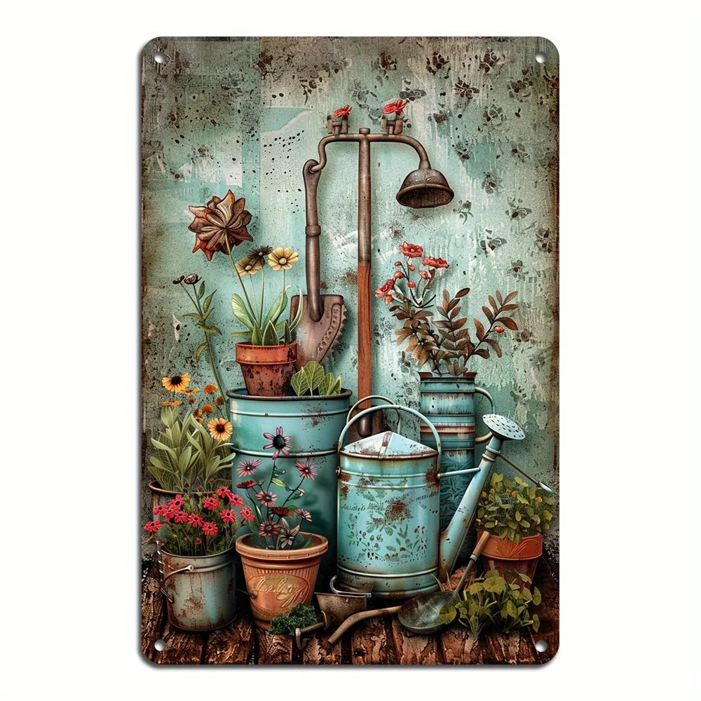 Garden Tools and Potted Plants Metal Iron Sign Rustic Iron Wall Art Decor Easy To Install Durable Suitable for Home or Office