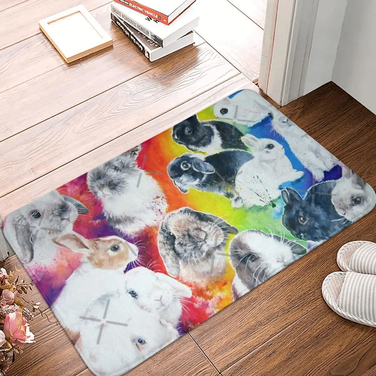 

Painted Bunnies In A Rainbow 40x60cm Carpet Polyester Floor Mats Cute Style Anti-Slip Festivle Gifts