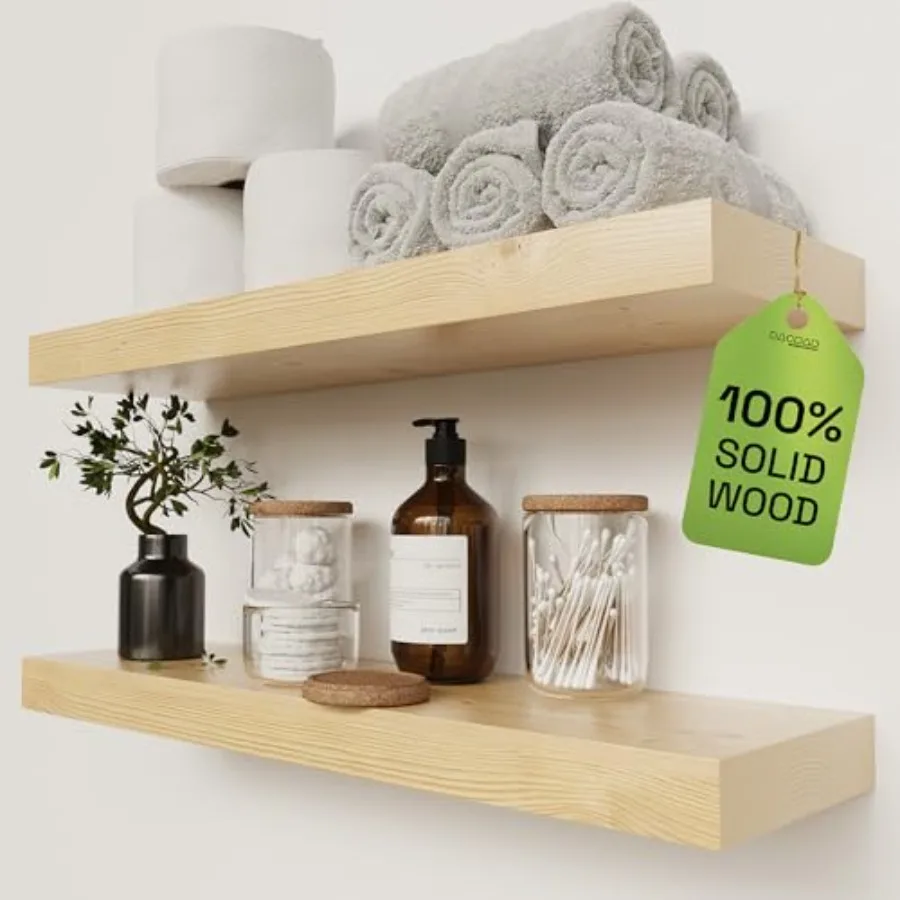 

Wood Floating Shelves for Bathroom Wall - Rustic Shelf - Floating Wooden Shelves for Bedroom Kitchen Living Room - Natural Wood