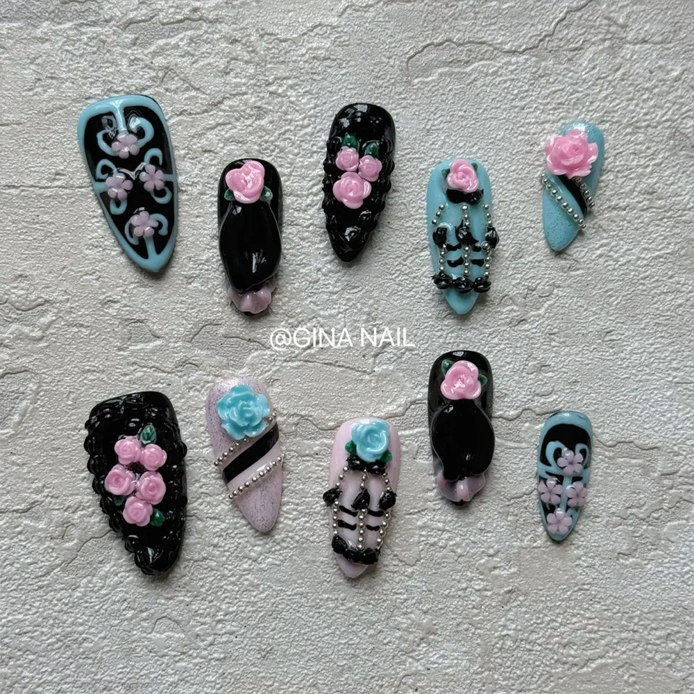 Cute Rabbit Bowknot Star Rose Glitter Almond Fake Nail Black Pink Sweet Cool Pearl Love Flower Metal Ball Nail Art Birthday Gift