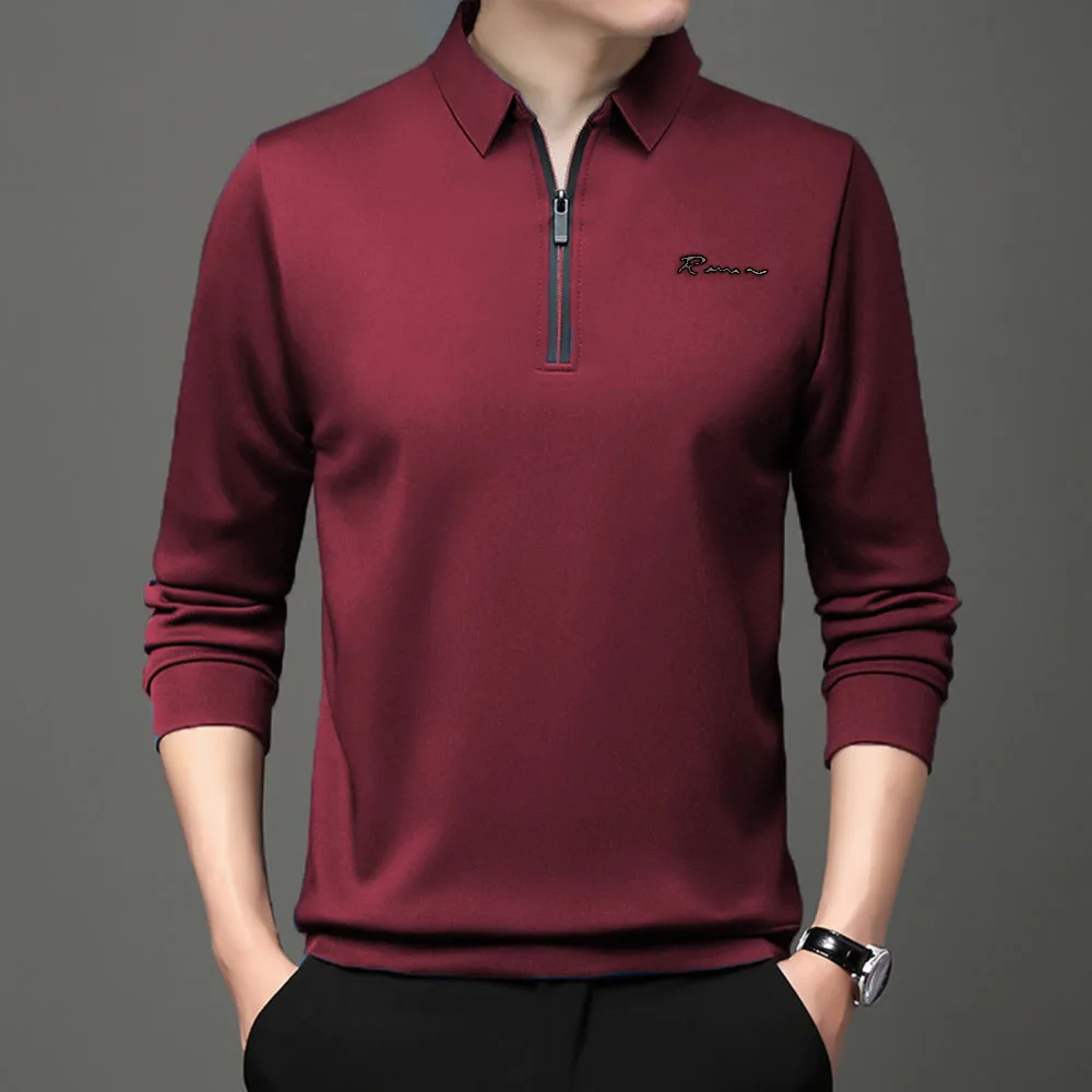 New Letter Print Solid Polo Shirt Lapel Long-sleeve Zipper Collar Fashion 2023 Autumn Thin Shirts Casual Loose Tops Men Clothing