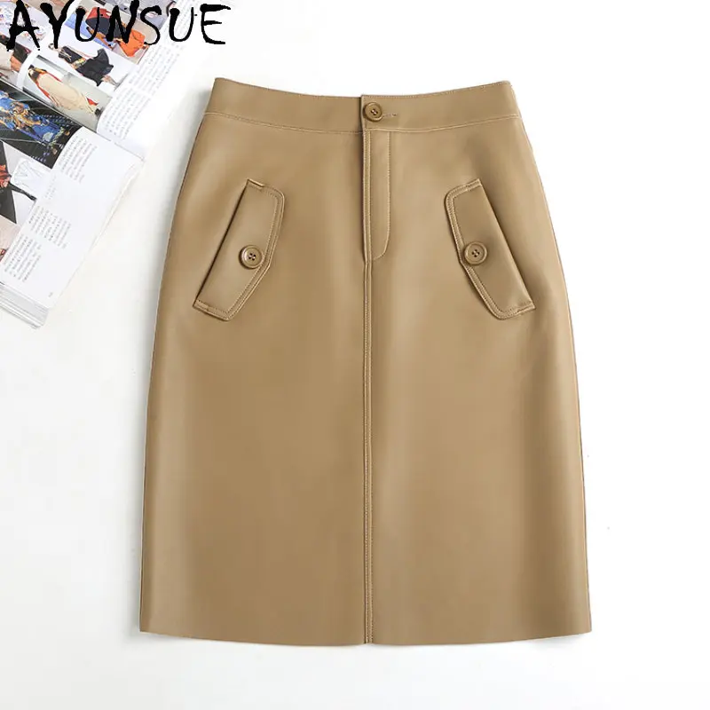 

AYUNSUE Genuine Sheepskin Leather Skirts for Women Mid-length High Waist Skirt Slim Skirts Black Skirts Streetwear ropa mujer