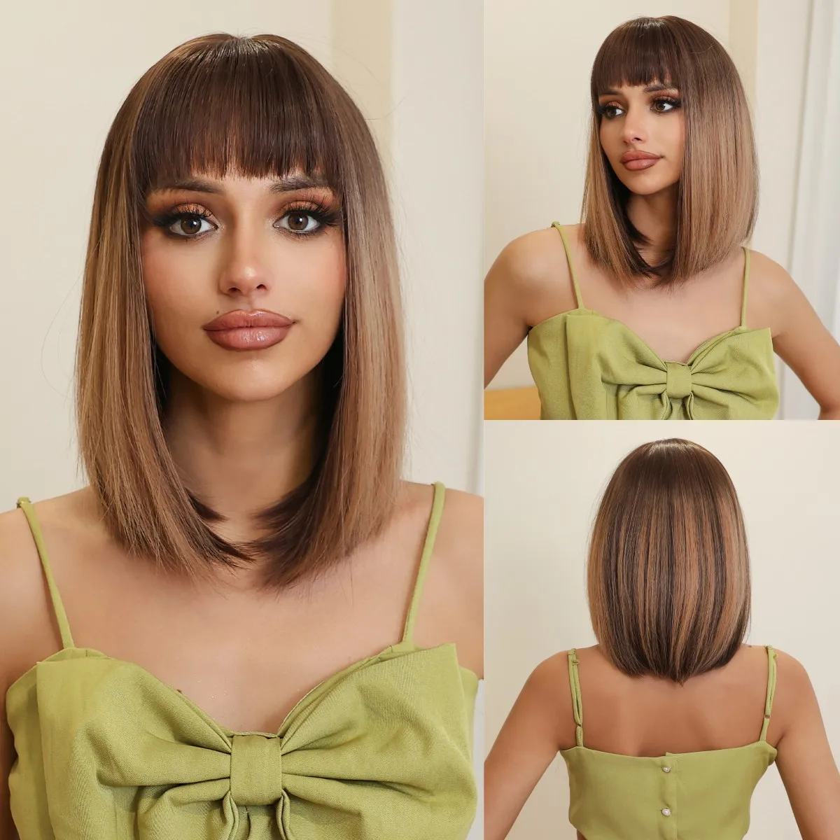 Ombre Chestnut Brown Short Bob Wig with Bangs Synthetic Straight Cosplay Daily Hair Wigs for Black Women Heat Resistant Fibre