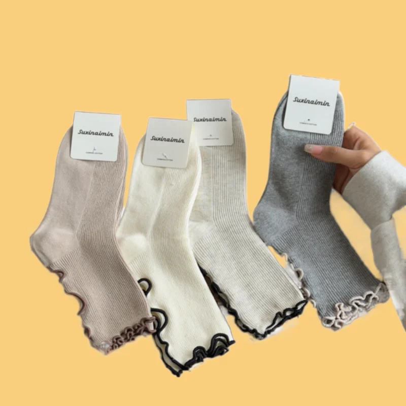 

3/6 Pairs High Quality Wood Ear Socks Women's Solid Color Middle Tube Socks Lace Versatile Cotton Socks Retro Pile Socks