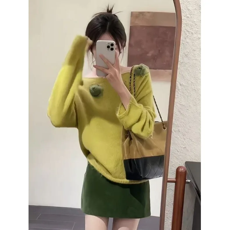 En Aosphere ثلاثية الأبعاد زهرة مائلة oulder سترة المرأة الخريف الشتاء جميلة كسول Camere لينة مريحة محبوك #3