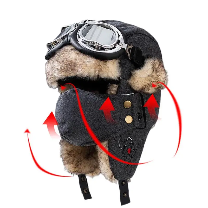 Winter Trapper Ski Hat Windproof Hunter Hat For Men Winter Warm Trapper Hat With Goggles Earmuffs Face Cover For Cycling Skiing