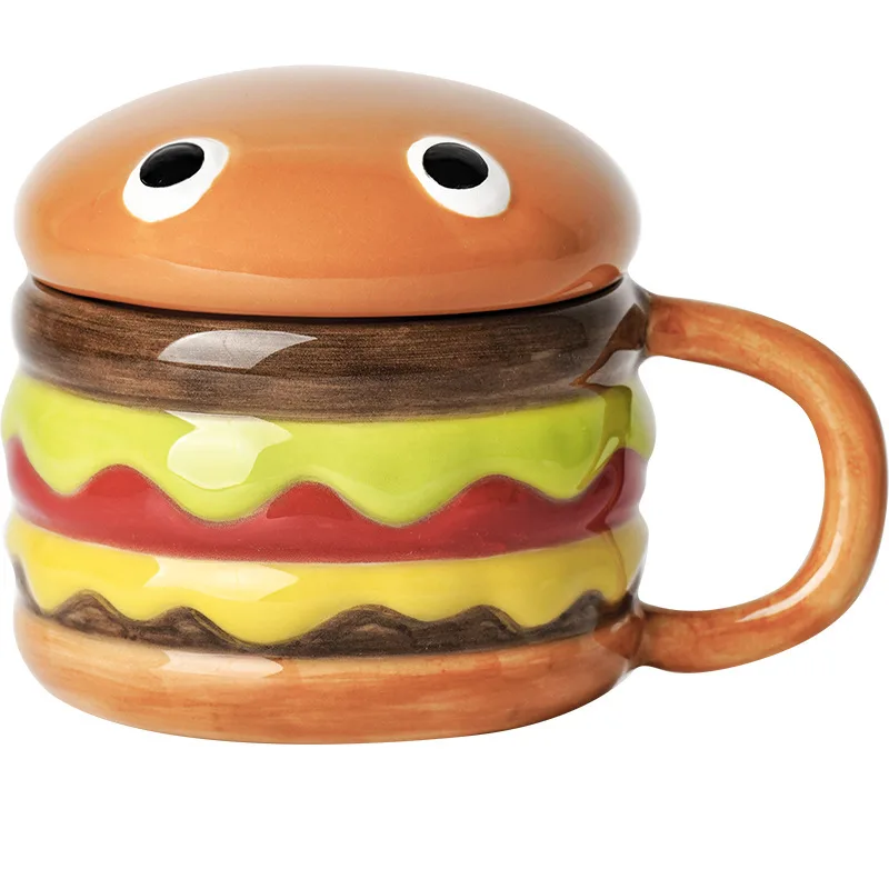 300ml Ceramic Cup Creative Hamburger Coffee Cup Cute Cartoon Mug Breakfast Oatmeal Milk Cups with Lid Home Cups