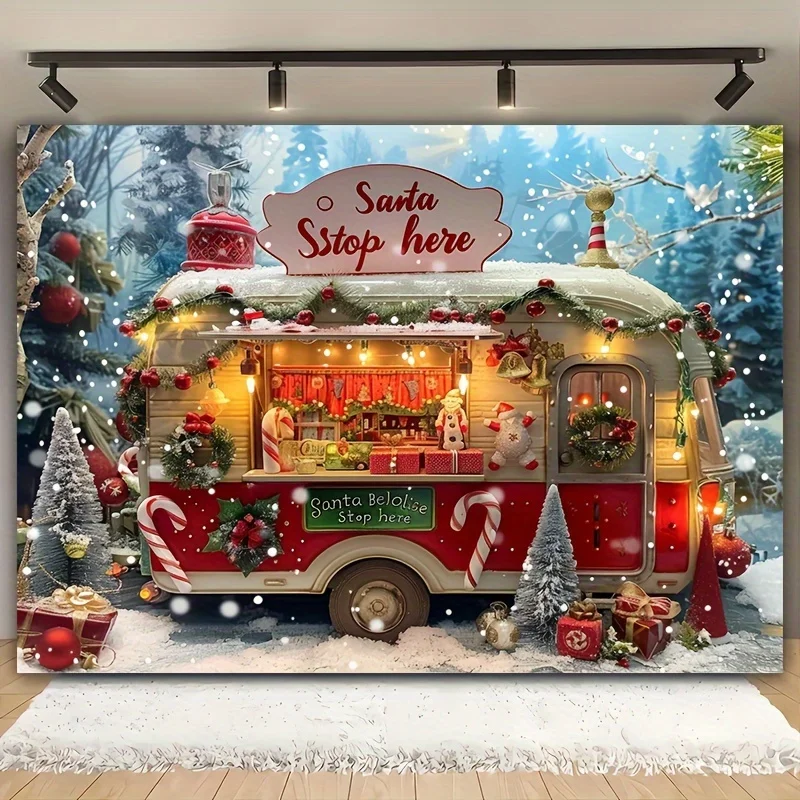 Merry Christmas Backdrop Cloth - Festive Red & Winter Warm Tones with Candy Canes, Gingerbread Truck Tree Designs,