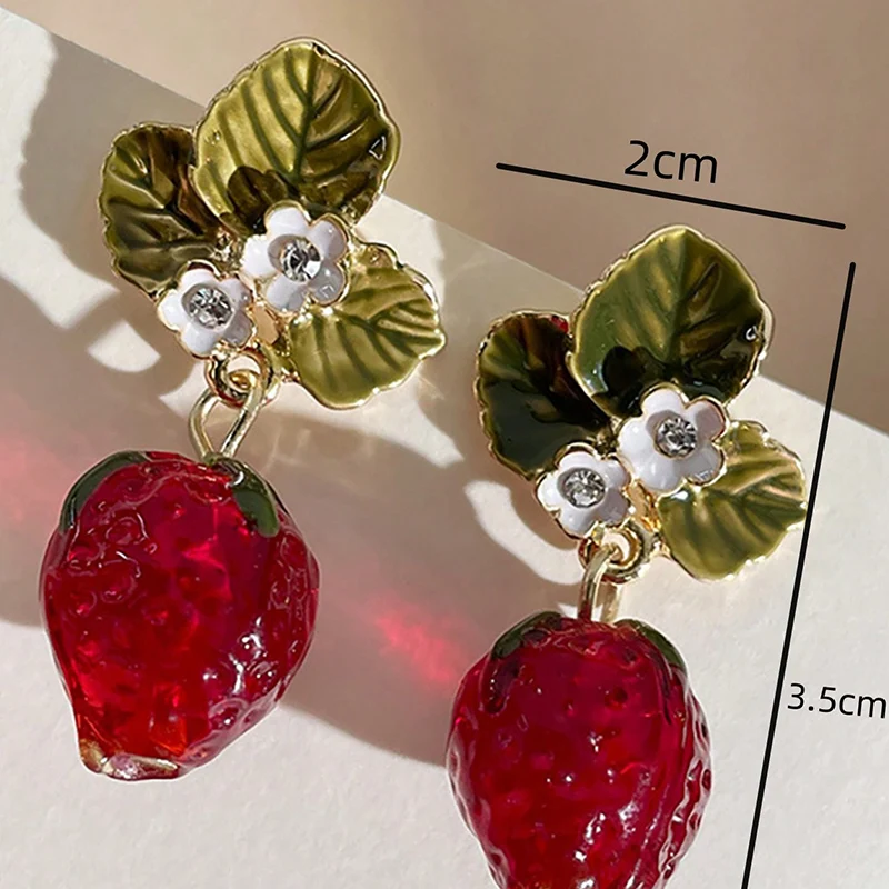 Obega Girls Cute Strawberry Drop Earrings Green Leaves White Flower Red Berry Crystal Stone Earrings ForSummer Jewelry Gift image 3