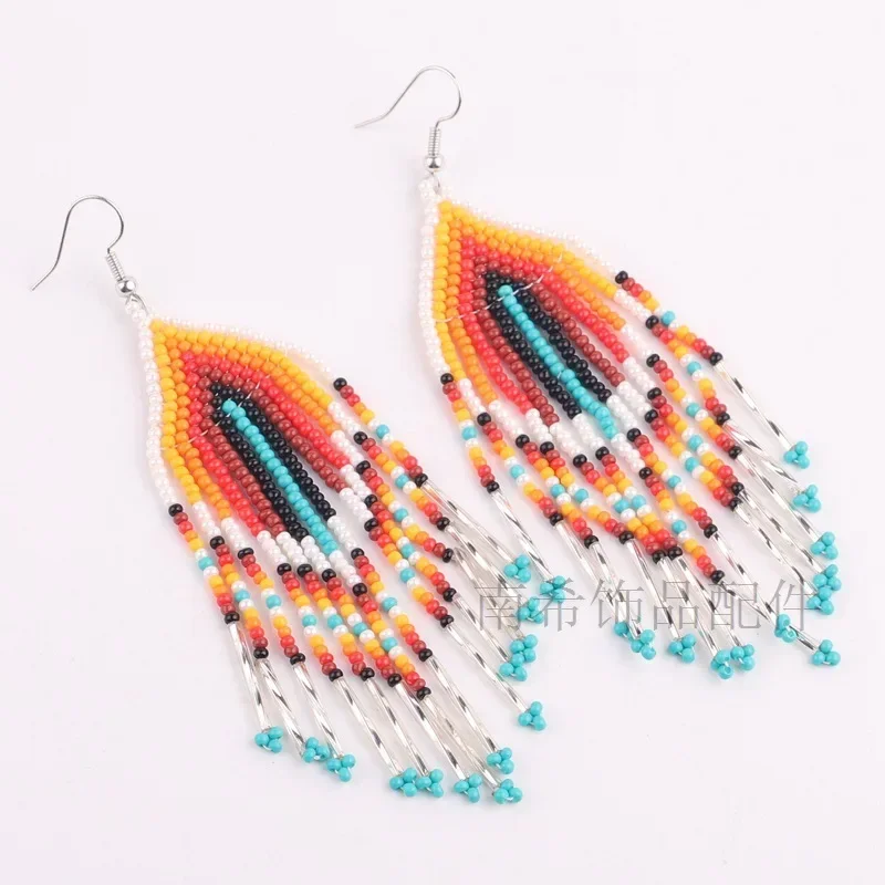 

Rice bead earrings Tassel Gradient color Long tube Fashion Minimalist Versatile Hand-woven Alloy Bohemian Beaded earrings