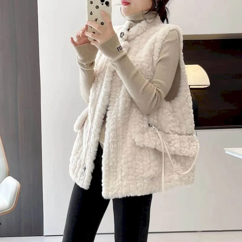 

Fleece Waistcoats for Women Plush Vests O-neck Casual Sleeveless Cardigans Oversized Winter Lambhair Jackets Loose Women Tops