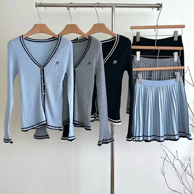 Fall Women Korean Vintage Slim Mori Girl Knit Birthday Outfits 2 Piece Set Long Sleeve Single-breasted Top + Gyaru Mini Skirt