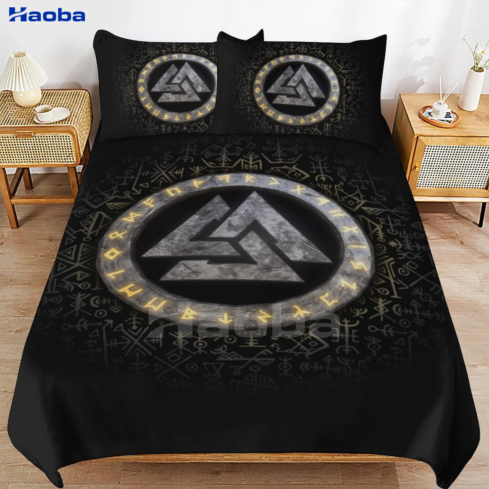 Juego de cama de tres piezas para niños o adultos, runas vikingas, Valknut, fundas de edredón, regalos de cumpleaños para mujeres y hombres