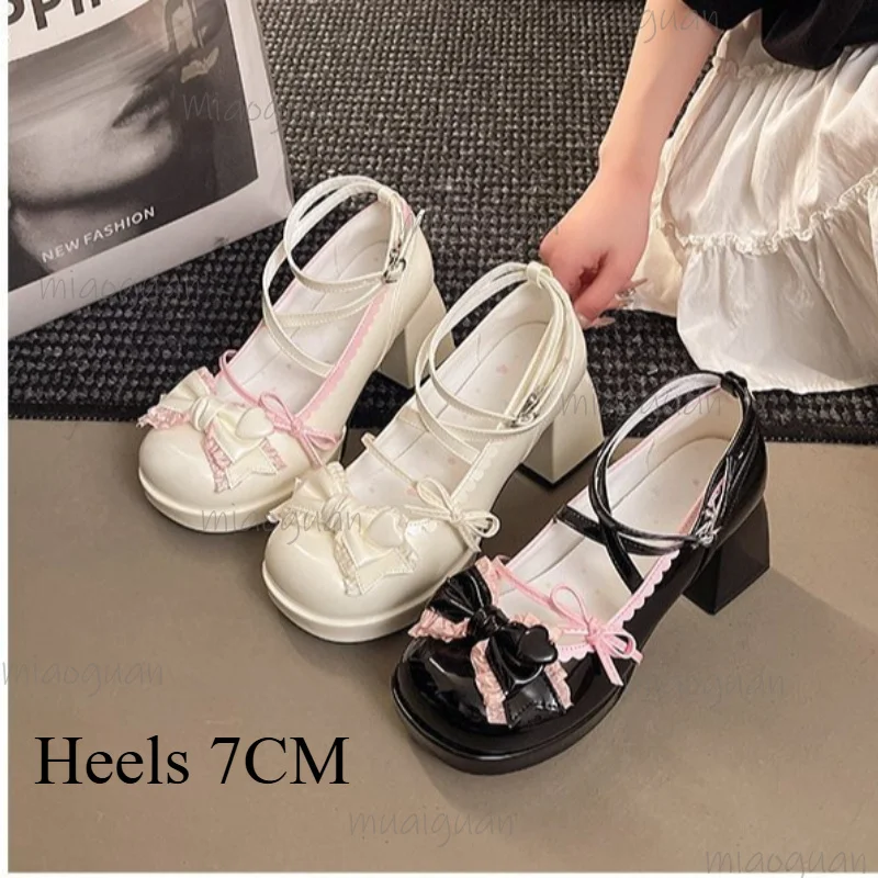 

Lovely Lolita Mary Jane Shoes Women Bow Cosplay High Heel Footwear Chunky Sandals Summer PU Leather Party All Activities Loafers
