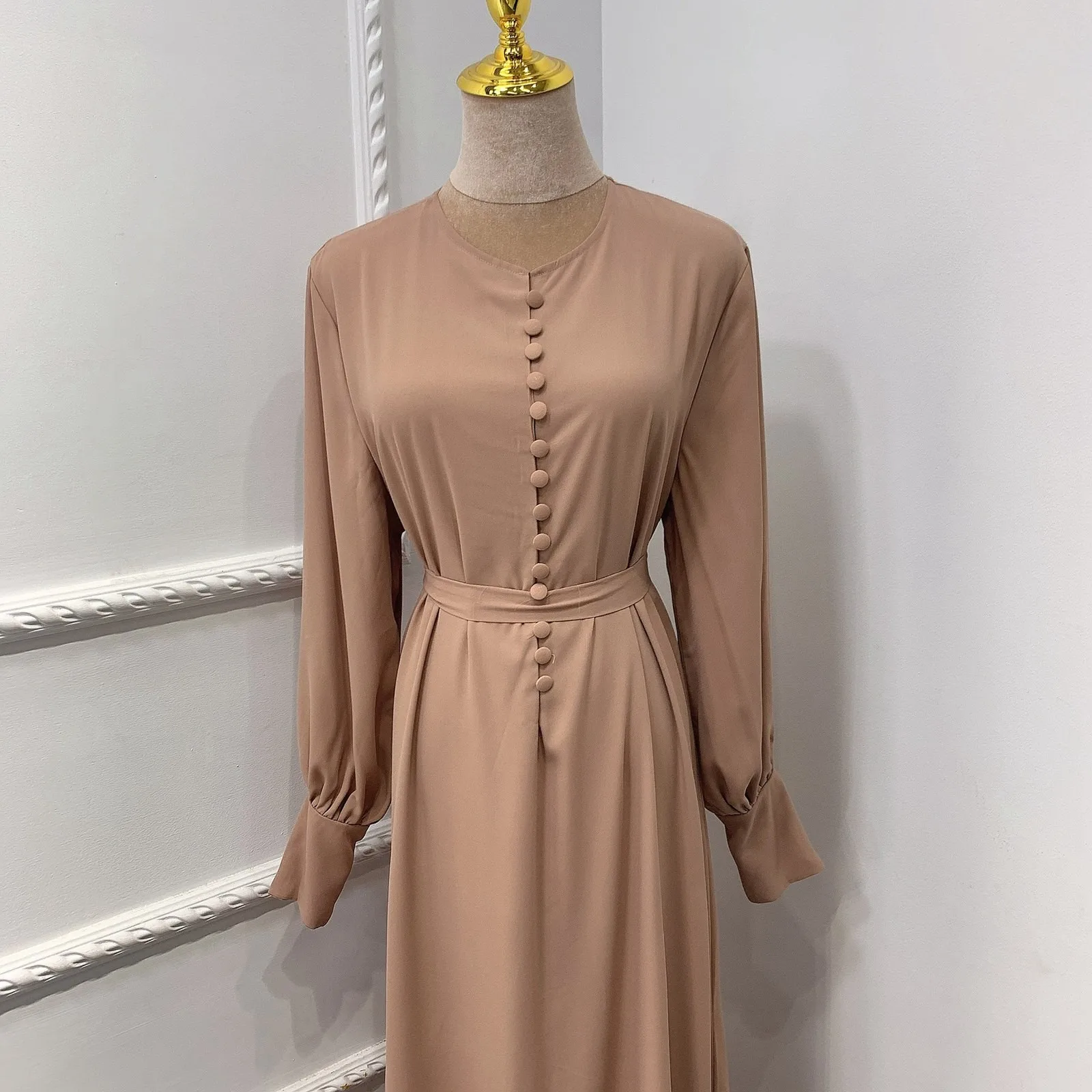 Chiffon Muslim Dress Dubai Turkish Muslim Abayas Solid Color Robes Women Long Sleeve Single Breasted Abays Islamic Clothing