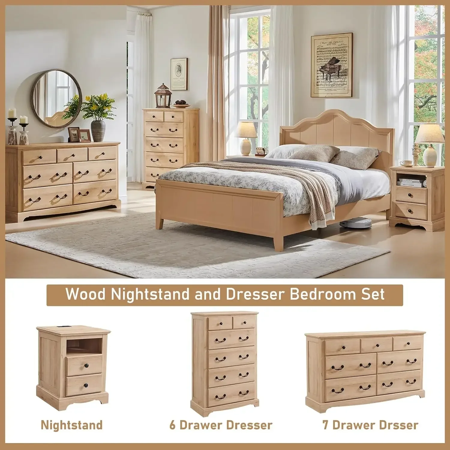 Organizador de tocadores de madera para dormitorio, cómoda de 6 cajones para dormitorio, Chset rústico de 48 pulgadas de alto, sala de estar, pasillo, roble natural