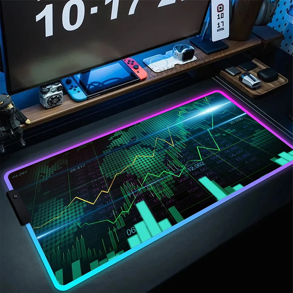 

Stock Market Chart Pattern Mouse Pad Gamer RGB LED Light Mouse Mat 80x30cm Mousepad Gamer Colorful Table Carpet Suffer Rug