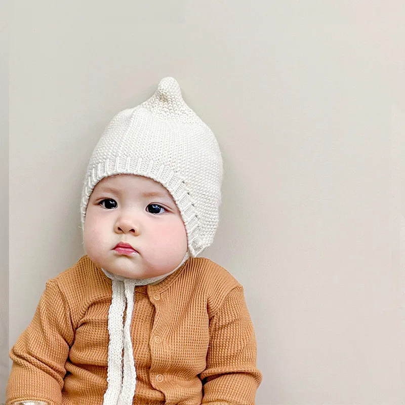 Baby Ear Protection Baby Hat Warm Knitted Kids Lacing Cap Solid Color Infant Boy Girls Beanie Hat