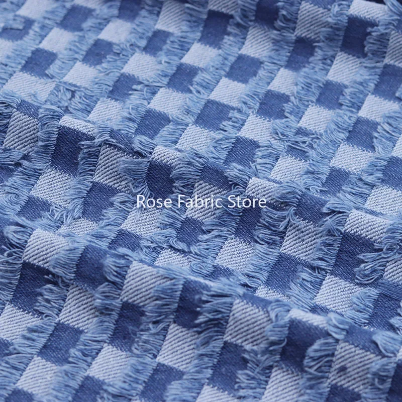 1 Meter Fashion Plaid Jeans Fabric Imitation Tweed Cloth Cut Flowers Finish Jacquard Denim Fabrics Thick After Washed Telas