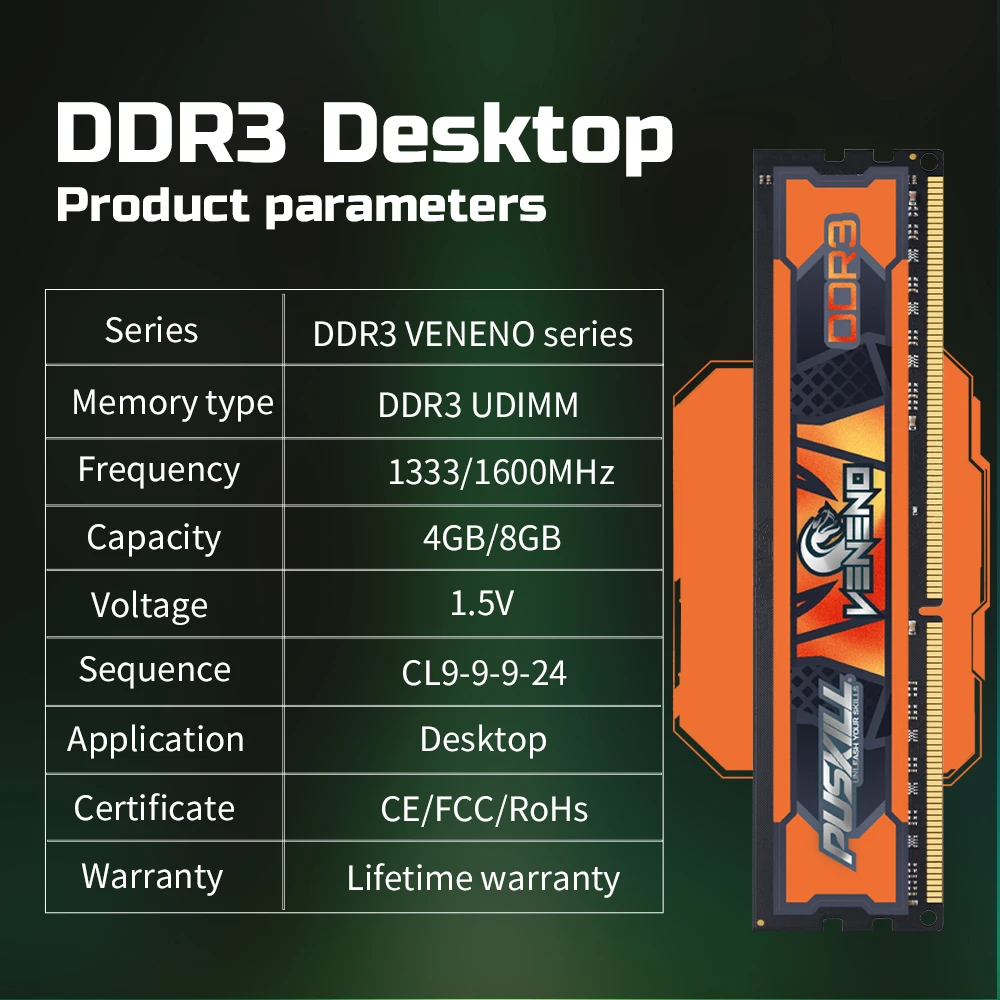 PUSKILL-Mémoire de serveur d'ordinateur de bureau, modèle VenJosé DDR3, capacité 4 Go 8 Go, fréquence d'horloge 1.5/1600/1333mhz, ram, format Udimm, dimm, broches 240