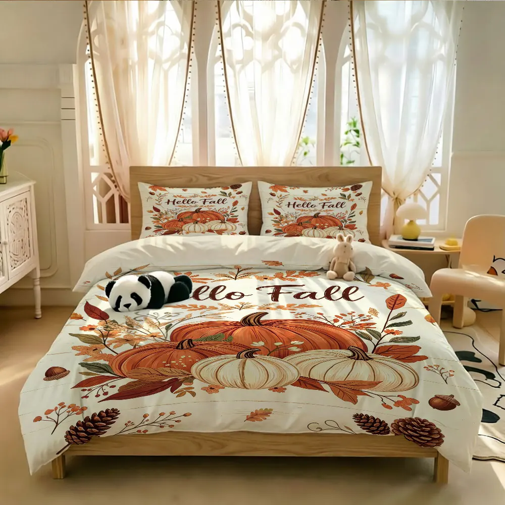 3pcs Autumn Pumpkin Leaf Pine Cone duvet cover Soft duvet cover coreless Pillow 1 Bedding Cover 2 Pillow Covers Machine Washa