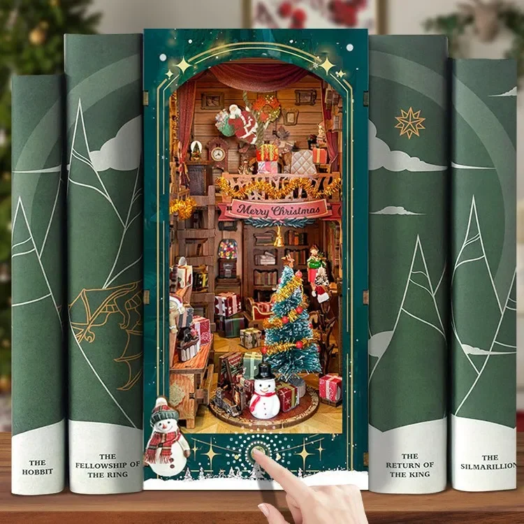 Merry Christmas DIY Wooden Book Nook Shelf Insert Miniature Kits Jingle Cabin Bookshelf Home Decor For Adult Xmas Handmade Gifts
