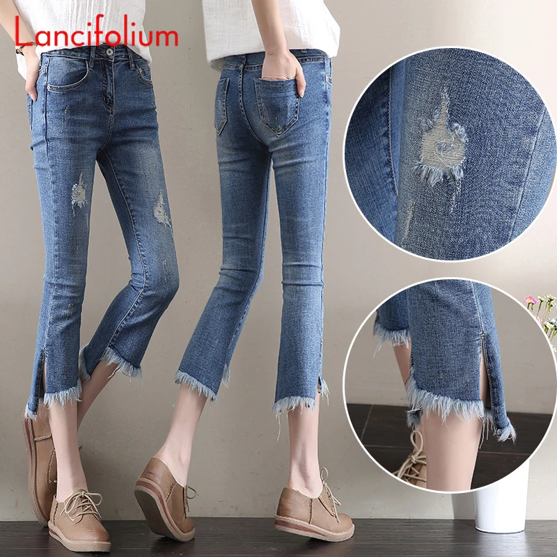 

Summer Denim Calf Length Pants Ripped Tassel Irregular Split High Waist Bodycon Gaiters Sweet Streetwear Jeans Flare Pants Women