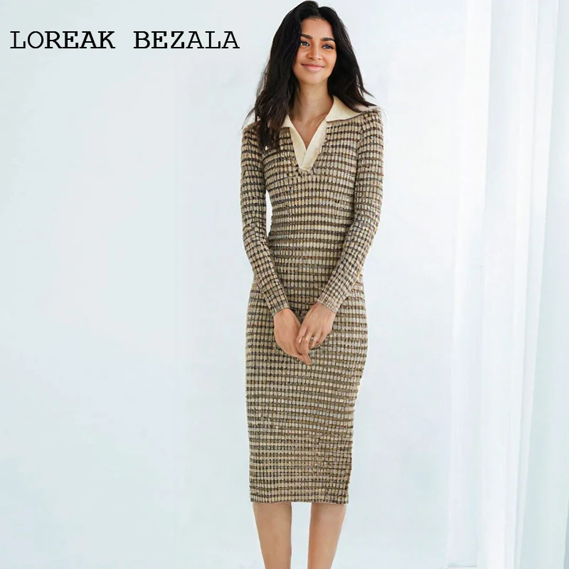 Khaki Stripes Women's knitted dress Elastic French fragrance  Spring/ Autumn dress socialite leisure  One-piece mini  dress