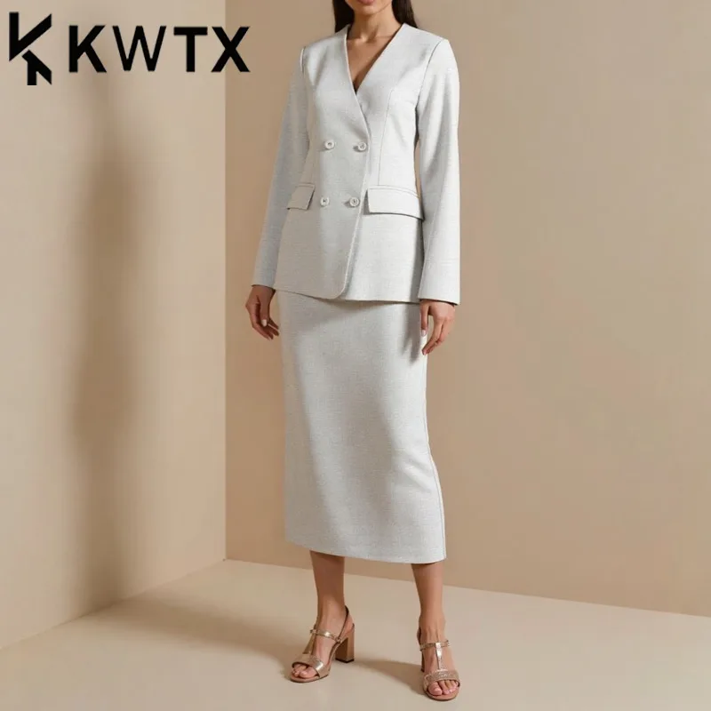 

KWTX Women’s Co-ords Set Blazer Skirt Solid 4-Button V-Neck Office Elegant Spring 2025 Premium Tailored Chic