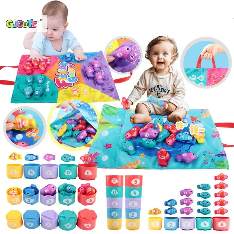 Set Educational Cloth Fishing Game with Color Sorting Stacking Cups–Montessori Number Counting Toy for Toddlers