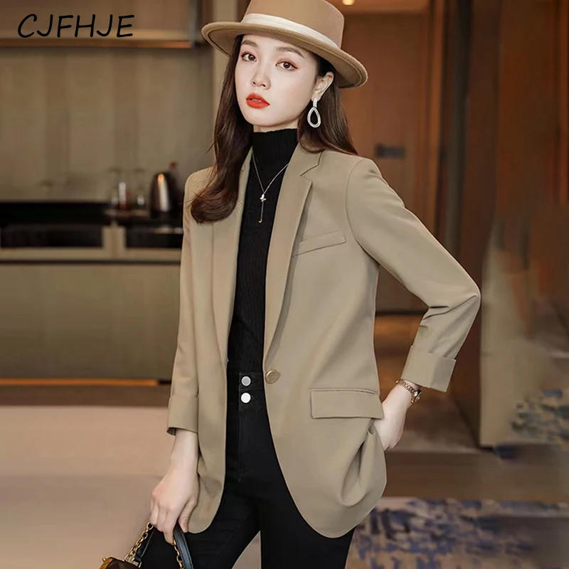 

CJFHJE New Women's Solid Color Casual Suit Jacket Korean Fashion Retro One Button Long Sleeved Women Professional Suit Jacket