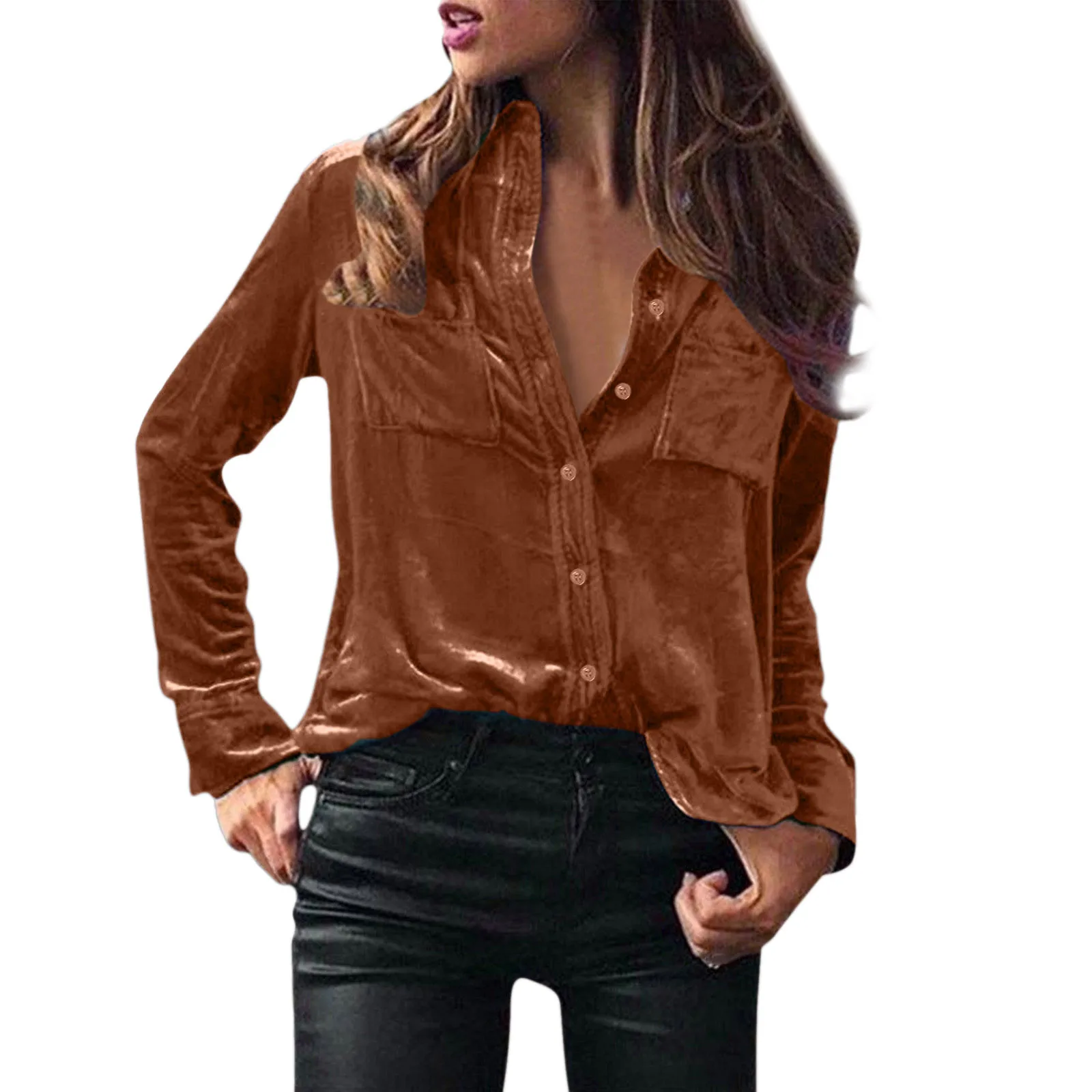 Fashion Velvet Buttons Blouse Shirt Casual Loose Pockets Tops Casual Spring Ladies Female Women Long Sleeve Blusas Pullovers