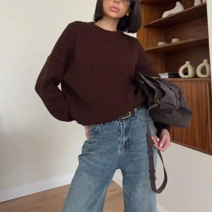 เสื้อสเวตเตอร์ถักไหมพรมหลวมๆ สีสันสดใส ความยาวปานกลาง แขนยาว คอกลม แฟชั่นฤดูใบไม้ผลิ ฤดูใบไม้ร่วง ฤดูหนาว 2025 คอกลม แฟชั่นฤดูใบไม้ผลิ ...