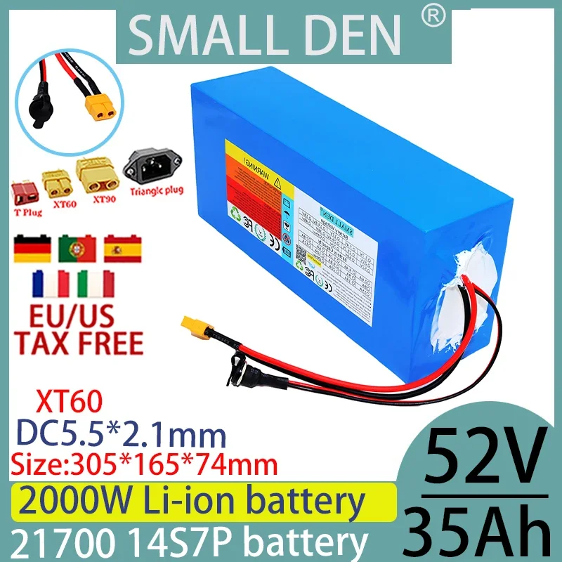 New 52V 35ah 21700 14S7P lithium battery pack, built-in 100-2000W rechargeable bicycle battery, scooter bike+2A 3A 5A charger