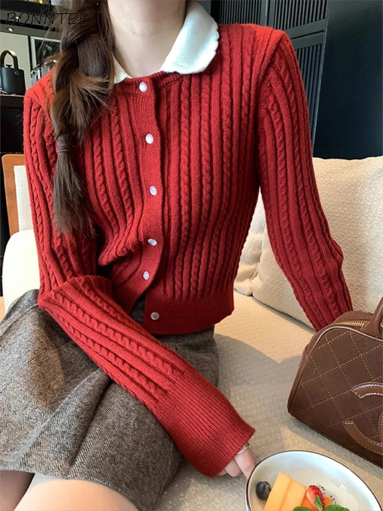 

Red Twist Cardigans Women Rib Slim Crop Tops Knitted Students Peter Pan Collar Autumn Winter Outwear Kawaii Cute Mujer Sweaters