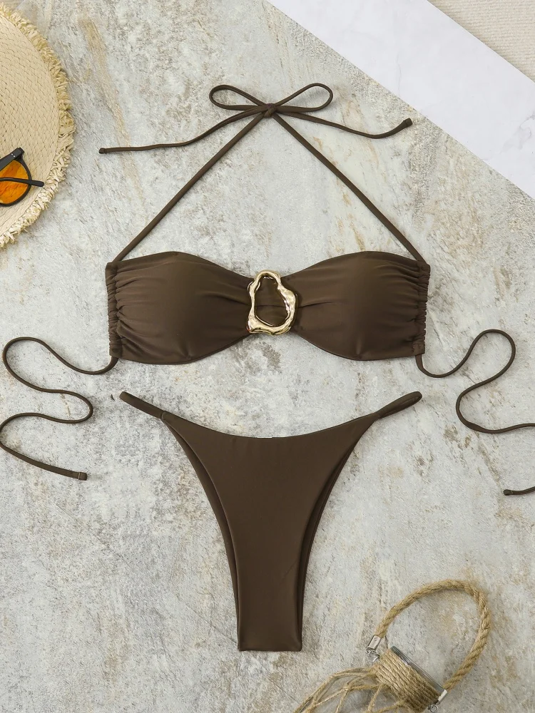 

Женский купальник-бикини 2026: Новинка, однотонный комплект с лямкой через шею, сексуальный купальник на шнуровке, летний пляжный костюм из двух частей для женщин