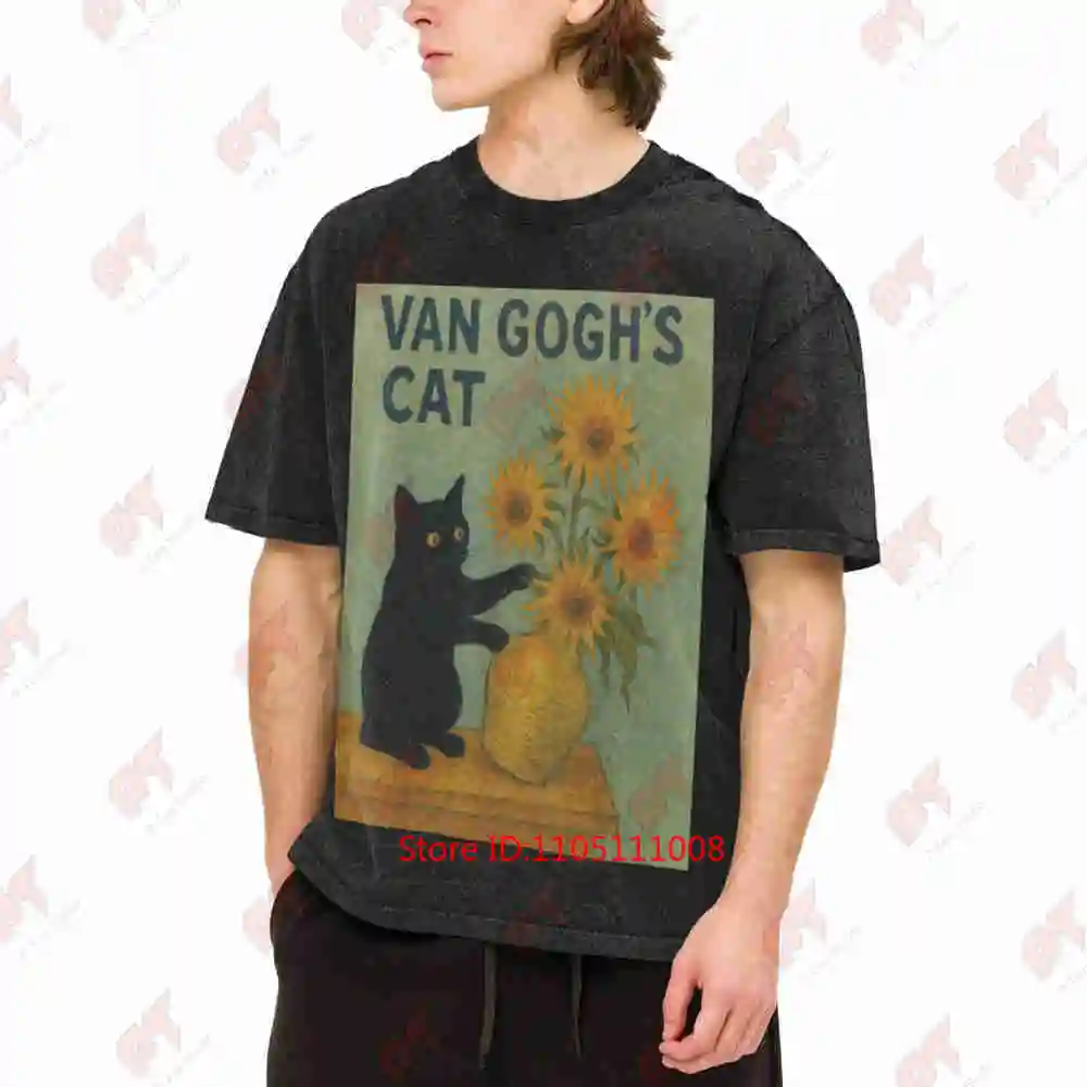Sunflower Cat Mischief Van Gogh Painting Vintage Washed Tee Pure Cotton T-Shirt