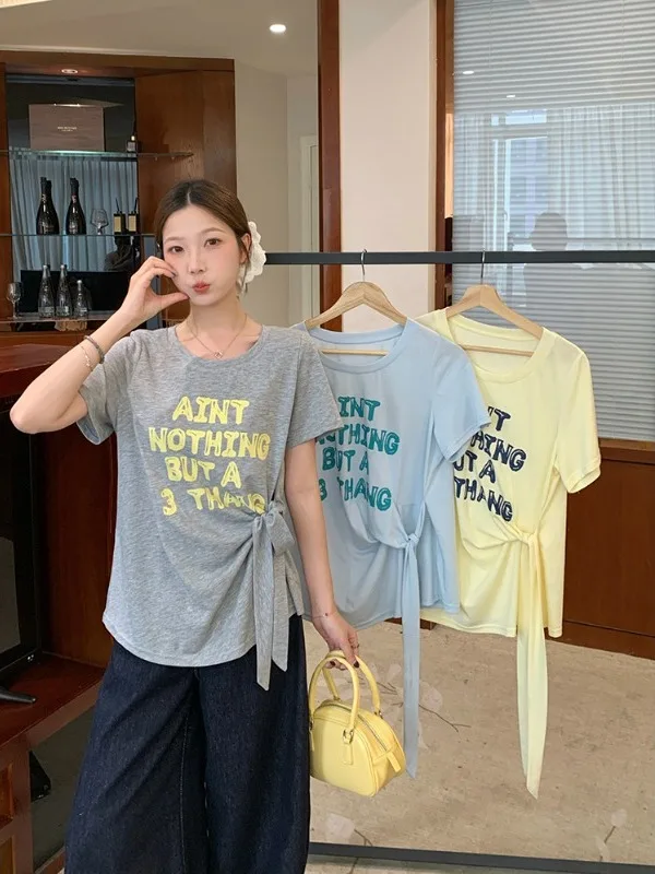 

plus Size Women's T-Shirt round Neck Short Sleeve Letter Print Lazy Pattern Knot High Waist Design Summer New Style