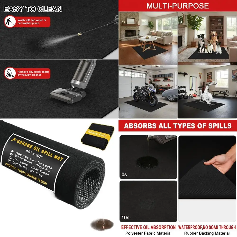 

Absorbent Garage Floor Mat - Premium Oil Spill Protector, Waterproof, Reusable, 48x96 Black