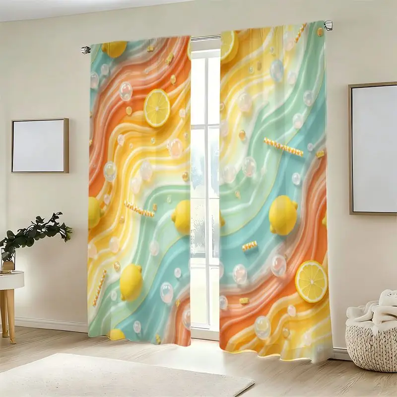 2pcs Lemon Soda Abstract Curtains Summer Fruit Print Sheer Drape Living Room Bedroom Window Treatment Home Decor