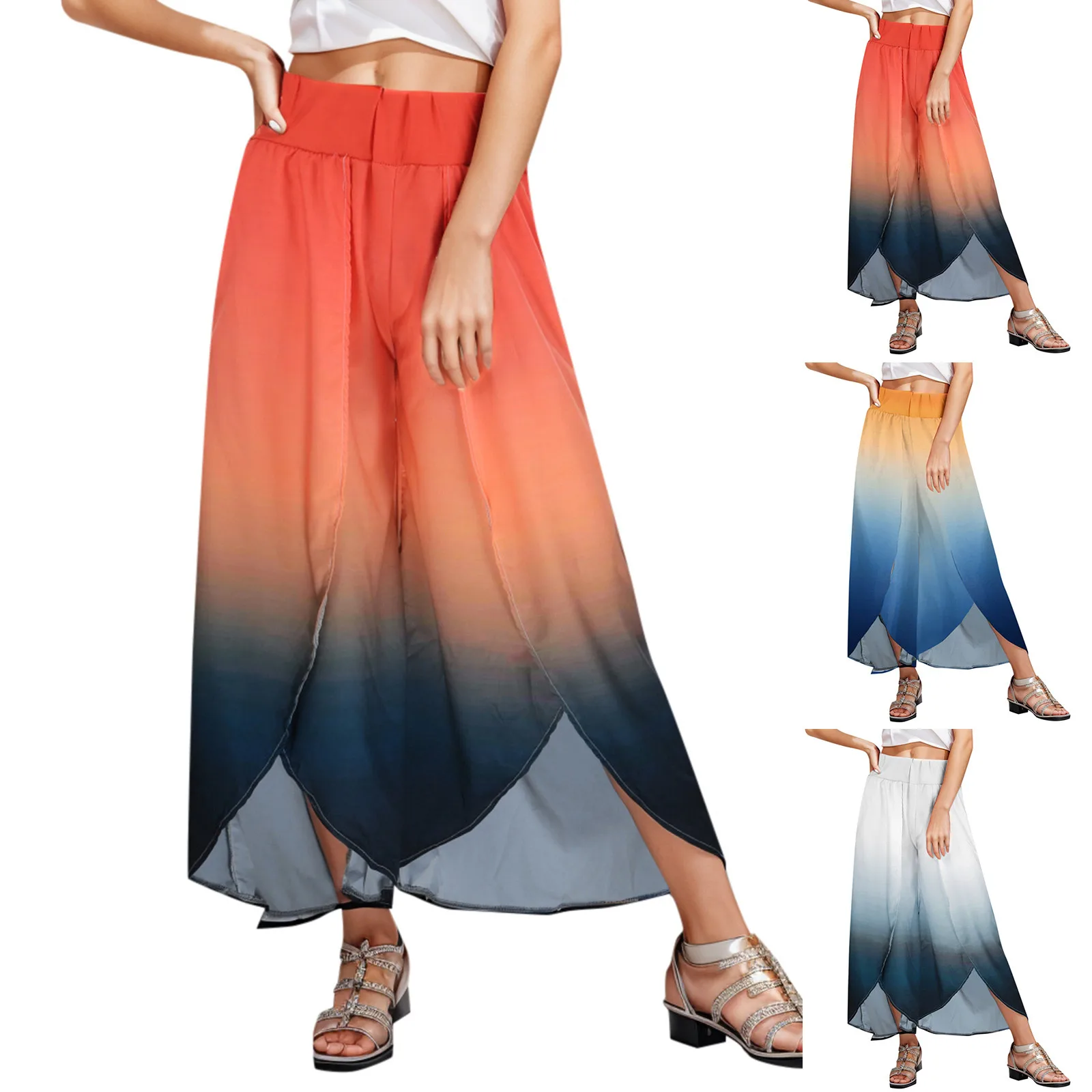 

Solid Color Homewear Women Gradient Print Flowy Slit Wide Leg Pants High Waist Pants Bohemian Beach Womens Pant Suits Casual