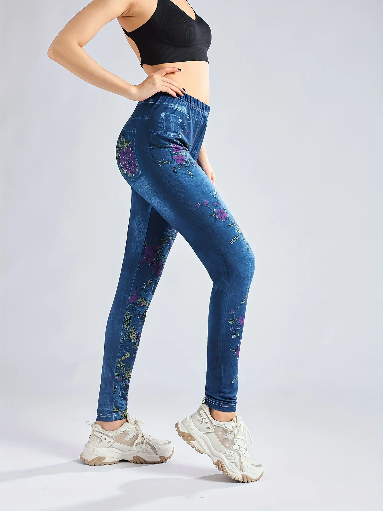 Women\'s Floral Printed Leggings Imitation Denim High Waisted High Elastic Leggings Casual Pencil Pants