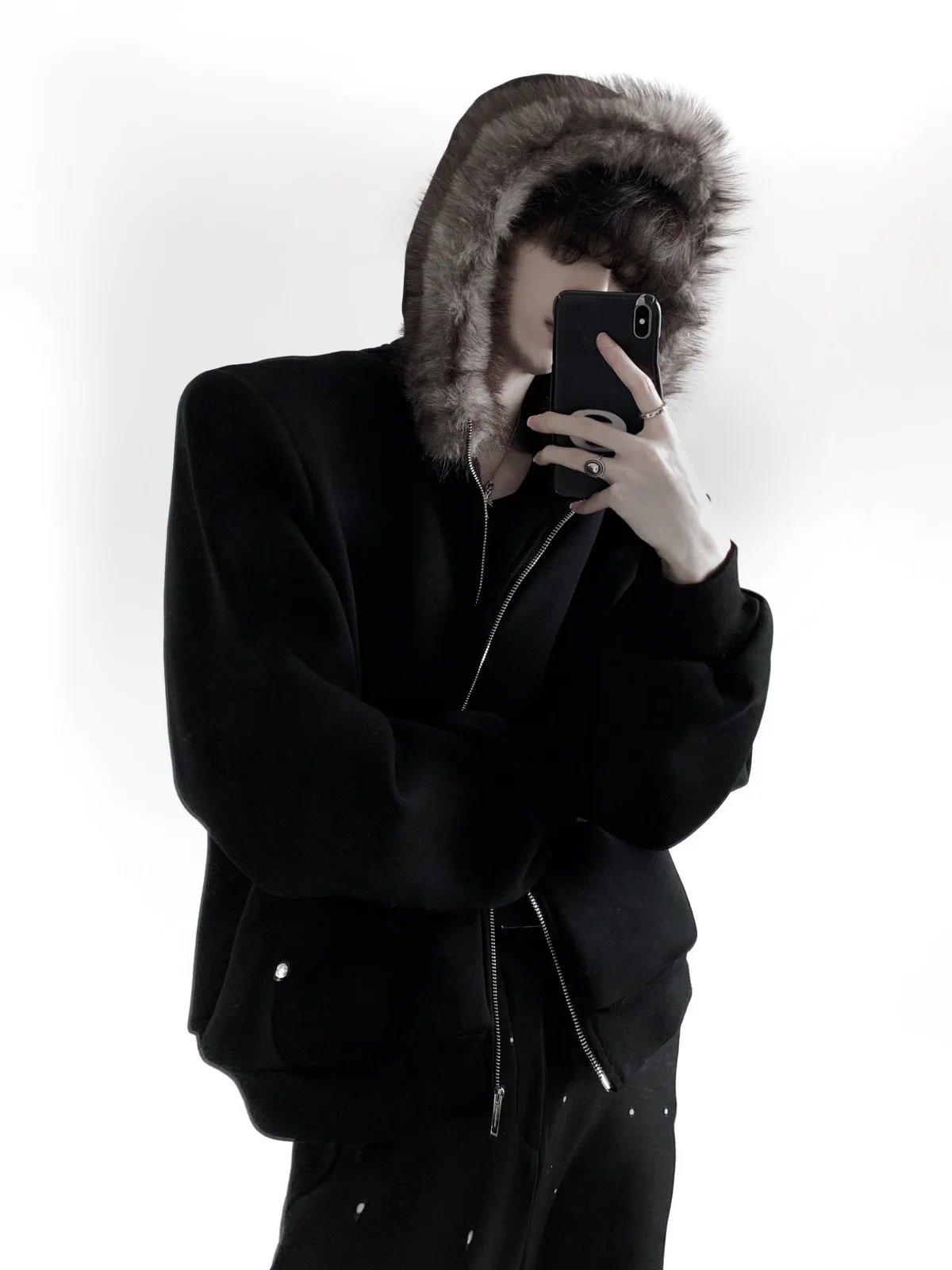 الرجال الموضة كبيرة فو الفراء طوق سستة قمصان سويت شيرت بقلنسوة الرجال 2025 شتاء جديد الراقية هوديس تقليد فرو المنك الستر