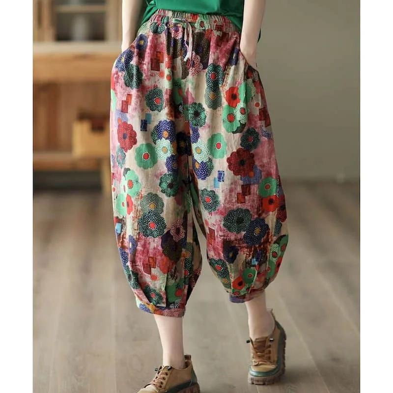 Katoenen Linnen Broek Met Bloemenprint Elastische Taille Losse Casual Vintage Kleding Koreaanse Mode Broek Harembroek Dameskleding