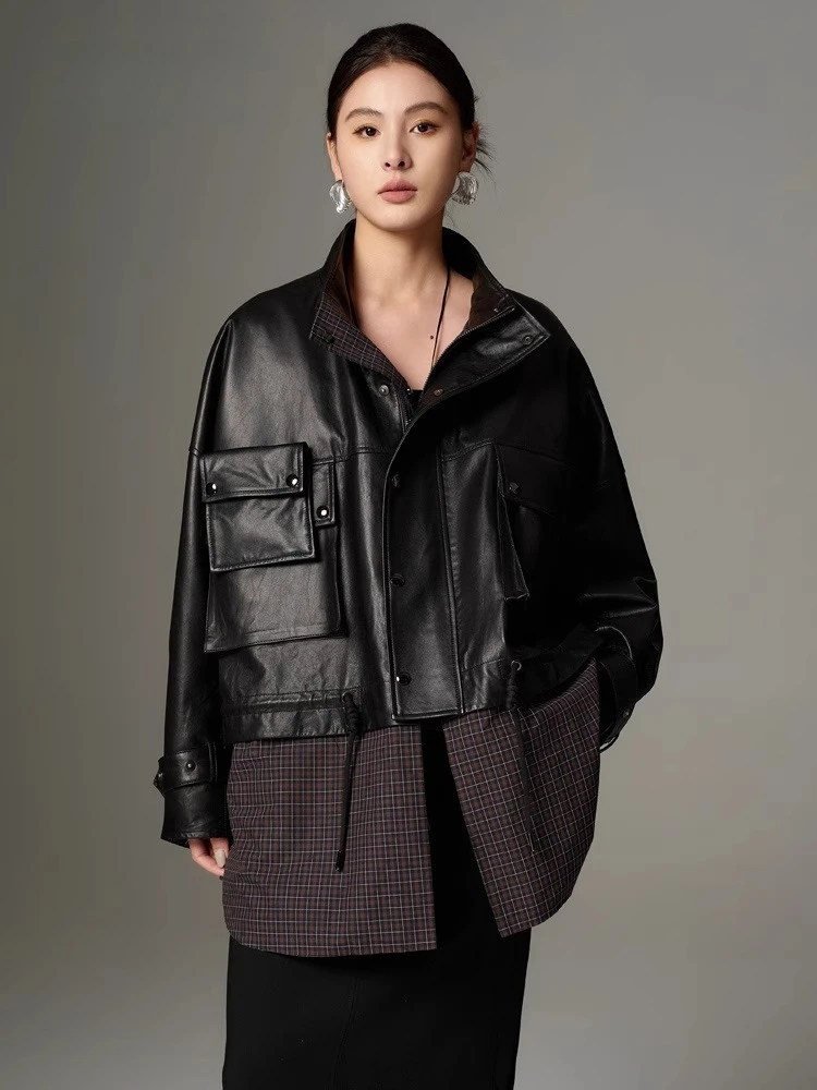 

Patchwork Genuine Leather Jackets for Women Spring Autumn Simple Stand Collar Contrast Plaid Splicing Black Real Sheepskin Coat