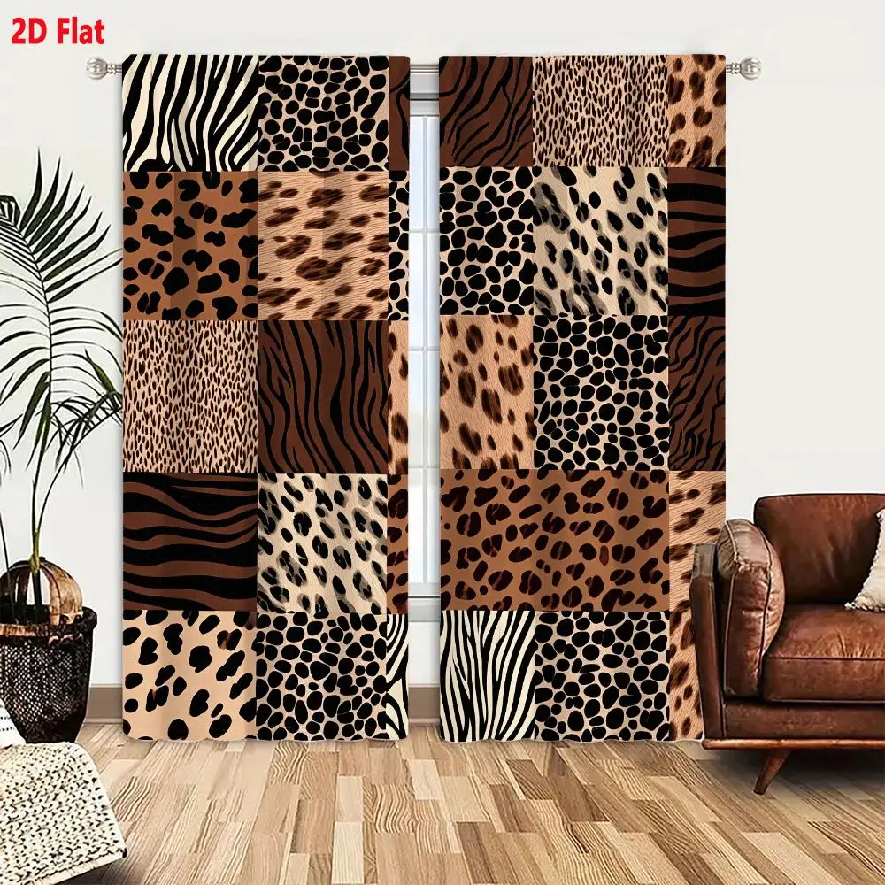 2Pcs Curtains 2D Flat Animal Print Grid 25 Square Panels Zebra Stripes Leopard Spots Cheetah Dots Tiger Patterns Earth Tone Patc