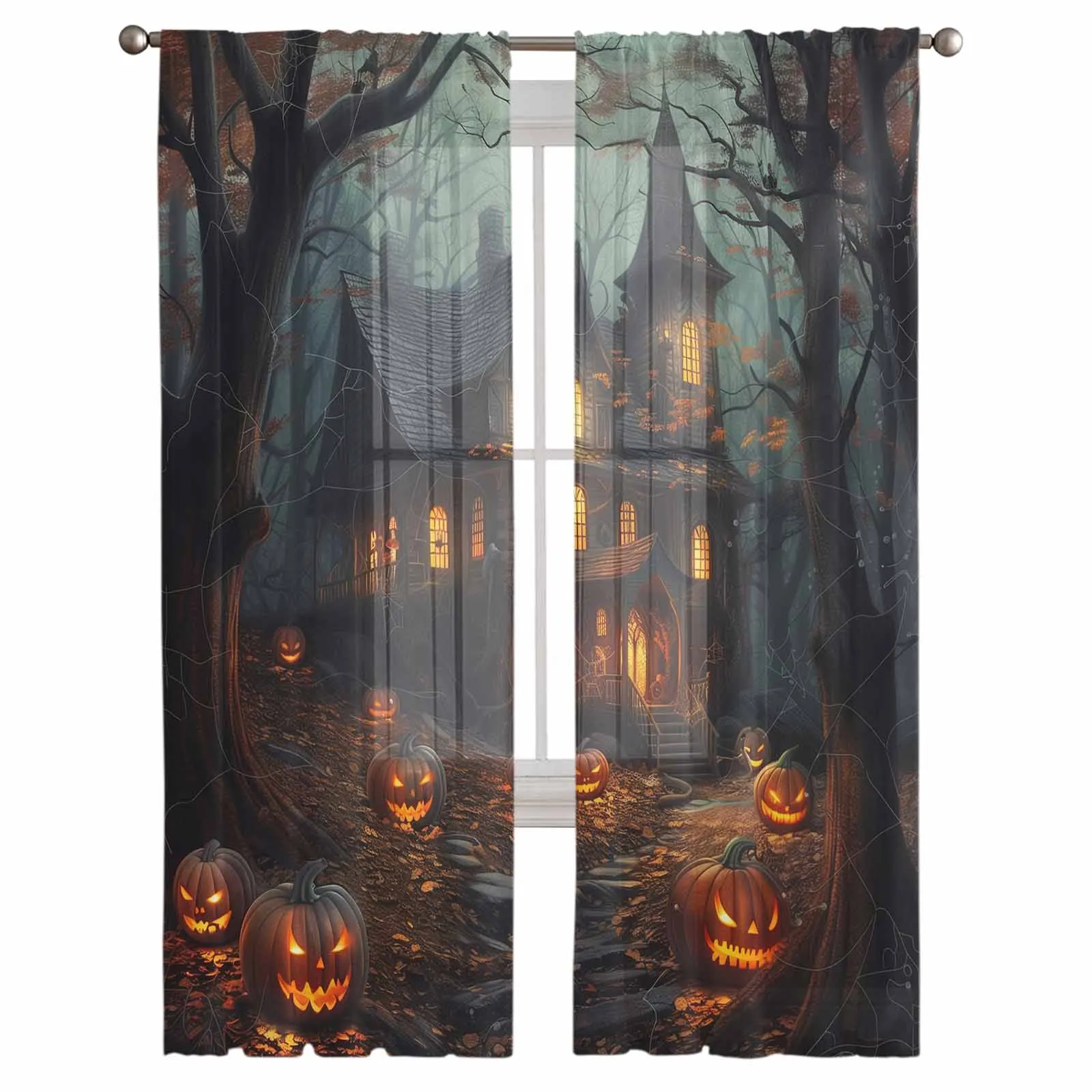 Alloween Castle Pumpkin Retro Grove Chiffon Sheer Curtains for Living Room Bedroom Decor Kitchen Window Voiles Tulle Curtain