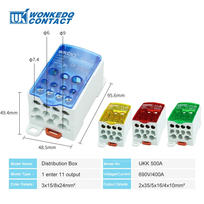 UKK 500A UKK500A Din Rail Junction Box 1 In 11 Out Universal Wire Electrical Connector Terminal Block Power Distribution Box