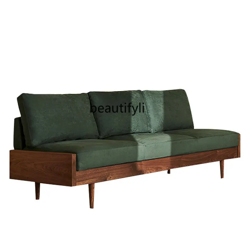 Sofa Small Apartment Living Room Green Three-Person Minimalist Japanese Style Solid Wood Cloth Craft Sofa without Armrest